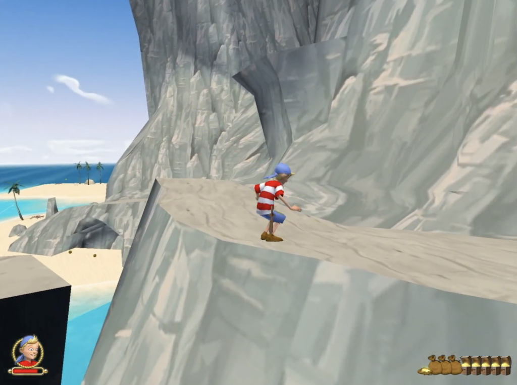 Spillfigur fra Kaptein Sabeltann klatrer langs en smal fjellsti med strand og hav i bakgrunnen i det klassiske PC-spillet.