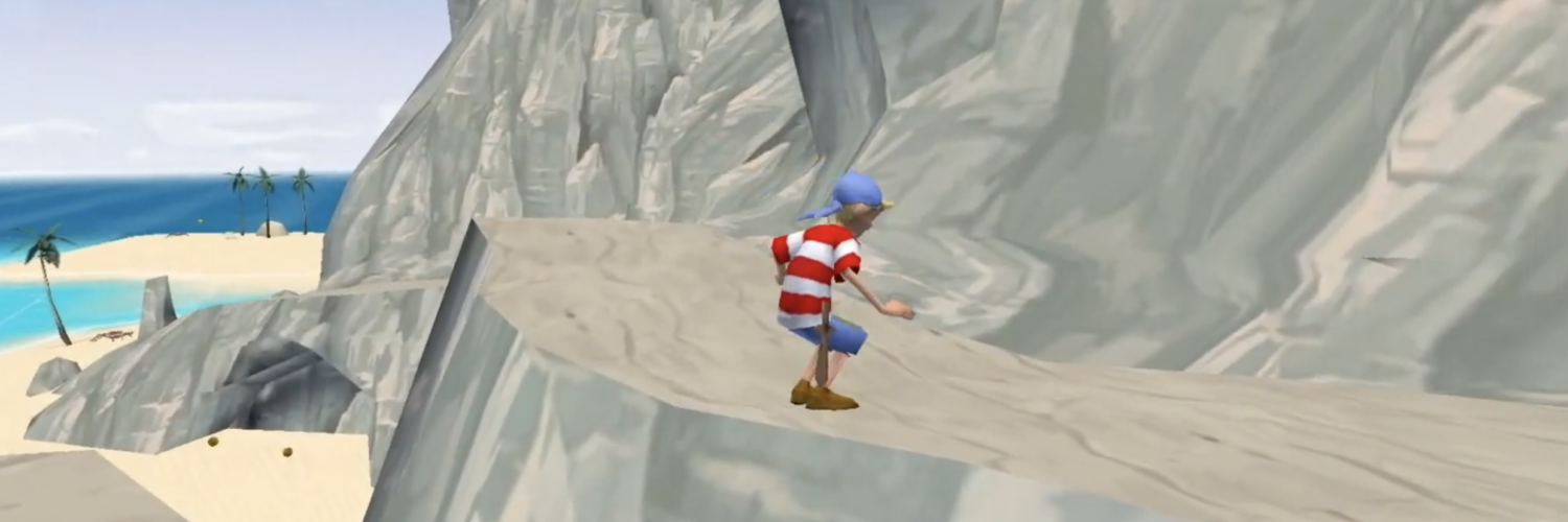 Spillfigur fra Kaptein Sabeltann klatrer langs en smal fjellsti med strand og hav i bakgrunnen i det klassiske PC-spillet.