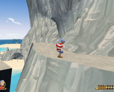 Spillfigur fra Kaptein Sabeltann klatrer langs en smal fjellsti med strand og hav i bakgrunnen i det klassiske PC-spillet.