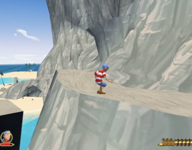 Spillfigur fra Kaptein Sabeltann klatrer langs en smal fjellsti med strand og hav i bakgrunnen i det klassiske PC-spillet.