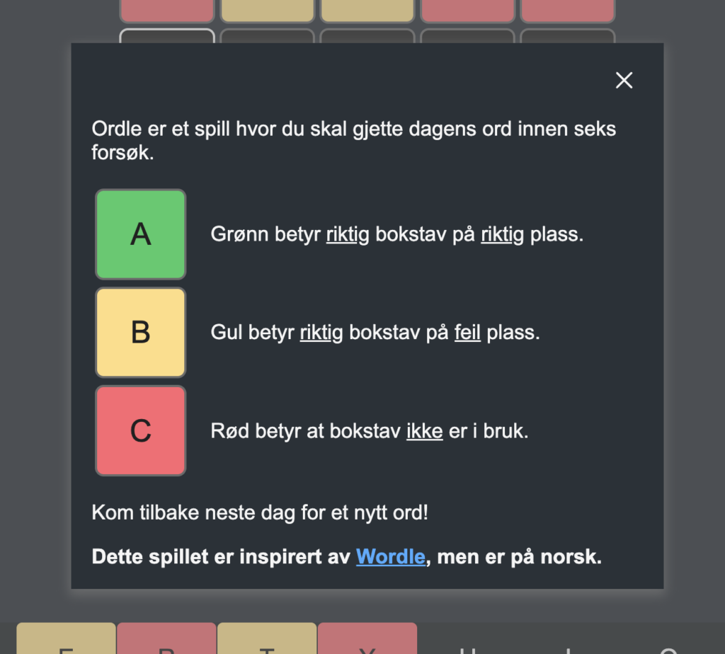 Hjelpevindu i Ordle som forklarer reglene i det norske ordspillet. Skjermbildet viser hva grønn, gul og rød markering betyr når du gjetter dagens ord.